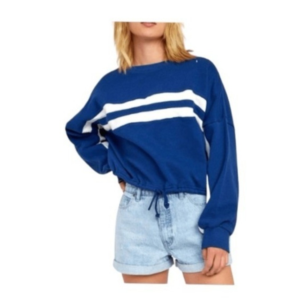RVCA Aced‎ Striped Sweatshirt Blue White Fleece Cropped Long Sleeve Crewneck